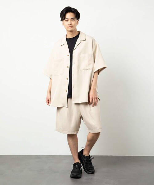 FREAK'S STORE（フリークスストア）の「ビックシルエット オープンカラー ワークシャツ セットアップ/シェフパンツ/イージーショーツ（セットアップ・メンズ・ベージュ/ブラック/オフホワイト/ベージュ系その他/ブラック系その他/ダークネイビー/レオパード・SMALL/MEDIUM/LARGE）」の8枚目の写真