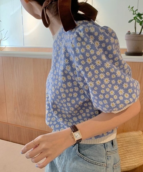 SONA（ソナ）の「SONYUNARA フラワーパターン半袖ニット（Tシャツ/カットソー・レディース・ブラック/ブルー/パープル・FREE）」の10枚目の写真