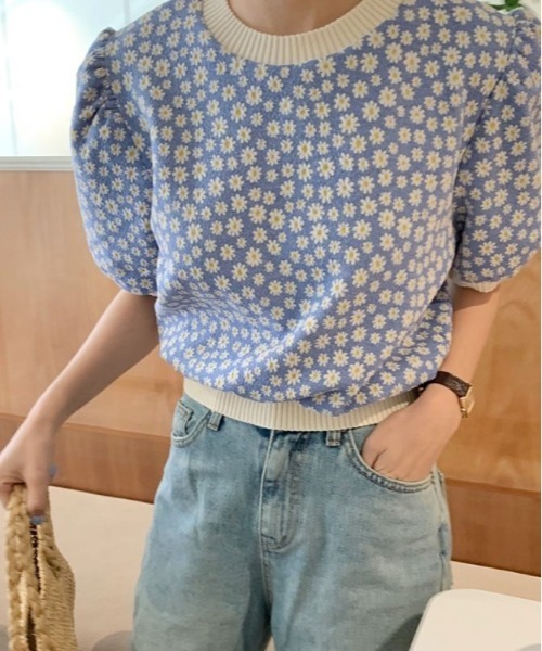 SONA（ソナ）の「SONYUNARA フラワーパターン半袖ニット（Tシャツ/カットソー・レディース・ブラック/ブルー/パープル・FREE）」の16枚目の写真