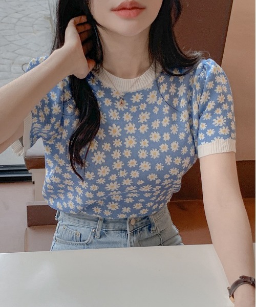 SONA（ソナ）の「SONYUNARA フラワーパターン半袖ニット（Tシャツ/カットソー・レディース・ブラック/ブルー/パープル・FREE）」の21枚目の写真