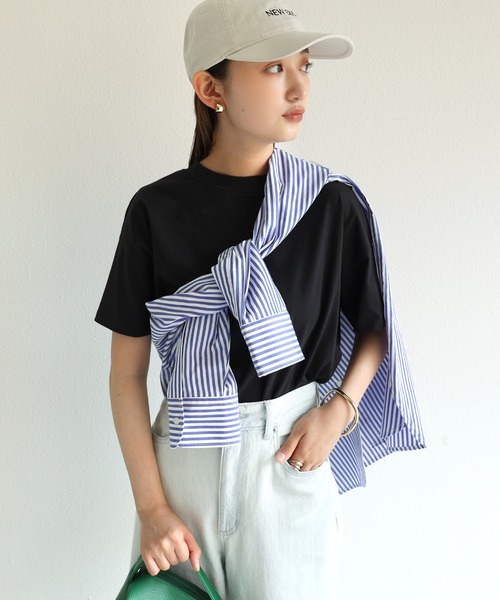 andme(アンドミー)の「コットン天竺半袖モックネックTシャツ(Tシャツ/カットソー・レディース・ブラック/オフホワイト/チャコールグレー/グレー系その他/モカ・M)」の7枚目の写真