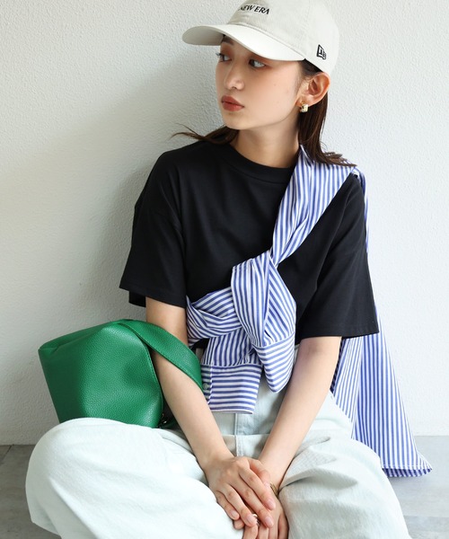 andme(アンドミー)の「コットン天竺半袖モックネックTシャツ(Tシャツ/カットソー・レディース・ブラック/オフホワイト/チャコールグレー/グレー系その他/モカ・M)」の6枚目の写真