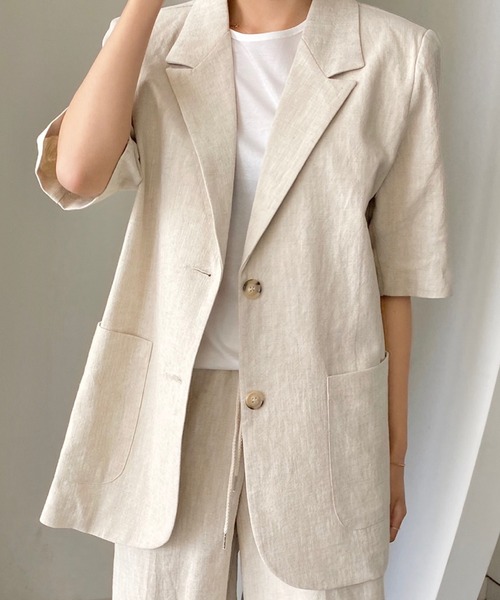 ANOTHER S(アナザーエス)の「リネン混半袖テーラードジャケット(テーラードジャケット・レディース・ホワイト/アイボリー/ブラック・FREE)」の2枚目の写真