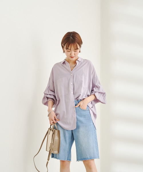 DouDou(ドゥドゥ)の「袖リブ切替シャツ(シャツ/ブラウス・レディース・ブラック/オフホワイト/バイオレット・FREE)」の8枚目の写真