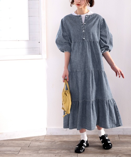 classicalelf（クラシカルエルフ）の「リラックスと可愛いの両立！綿100％、2way8分袖パフスリーブティアードワンピース（ワンピース・レディース・ネイビー/ケミカルウォッシュ・MEDIUM/LARGE/X-LARGE/SMALL）」の12枚目の写真