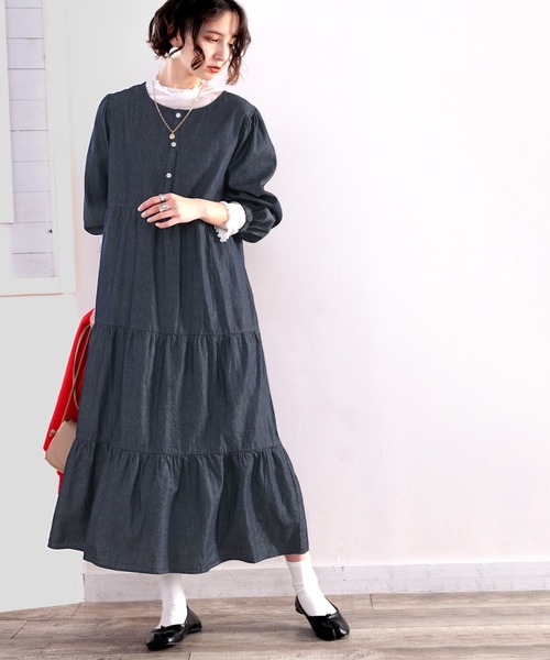 classicalelf（クラシカルエルフ）の「リラックスと可愛いの両立！綿100％、2way8分袖パフスリーブティアードワンピース（ワンピース・レディース・ネイビー/ケミカルウォッシュ・MEDIUM/LARGE/X-LARGE/SMALL）」の4枚目の写真