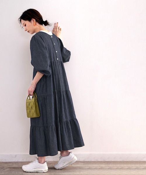 classicalelf（クラシカルエルフ）の「リラックスと可愛いの両立！綿100％、2way8分袖パフスリーブティアードワンピース（ワンピース・レディース・ネイビー/ケミカルウォッシュ・MEDIUM/LARGE/X-LARGE/SMALL）」の8枚目の写真