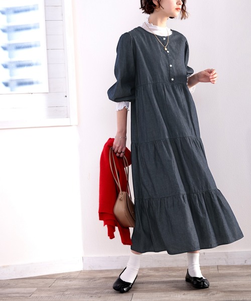リラックスと可愛いの両立 2way8分袖ティアードデニムライクワンピース
