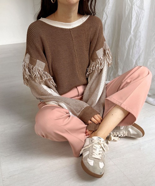 Bab(バブ)の「2WAYフリンジニットカーディガン(カーディガン/ボレロ・レディース・グリーン/アイボリー/グレイッシュベージュ・FREE)」の1枚目の写真