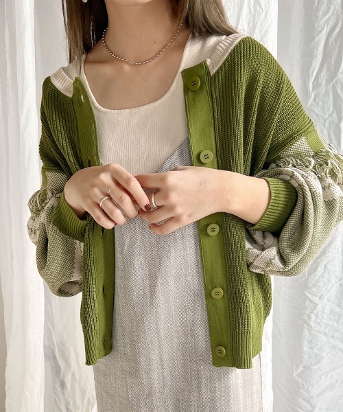 Bab(バブ)の「2WAYフリンジニットカーディガン(カーディガン/ボレロ・レディース・グリーン/アイボリー/グレイッシュベージュ・FREE)」の8枚目の写真