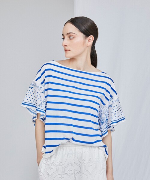 Diagram(ダイアグラム)の「ボーダースカーフトップ(Tシャツ/カットソー・レディース・レッド/ネイビー/ブルー・36)」の1枚目の写真