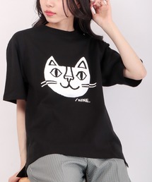 /nINE byおかべてつろうコラボ商品 猫フロッキープリントTシャツ