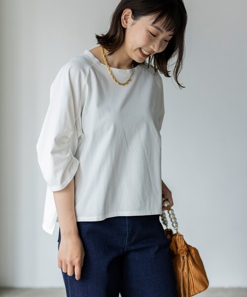 THE SHOP TK （ザ ショップ ティーケー ）の「◆ギャザー七分袖プルオーバー（Tシャツ/カットソー・レディース・ブラック/ベージュ/ホワイト系・12/13）」の5枚目の写真