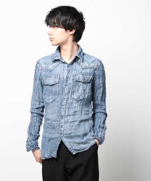 FranCisT_MOR.K.S.（フランシストモークス）の「FranCisT_MOR.K.S./フランシスト モークス/VINTAGE WASHED DENIM LINEN WIRED HOOK SHIRT（シャツ/ブラウス・メンズ・ネイビー・4/3/2）」の4枚目の写真