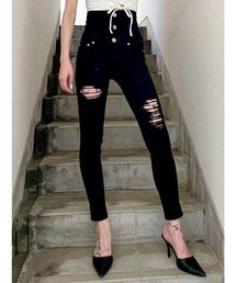 GYDA | ハイウエストボタン ダメージスキニーデニムパンツ(デニムパンツ)