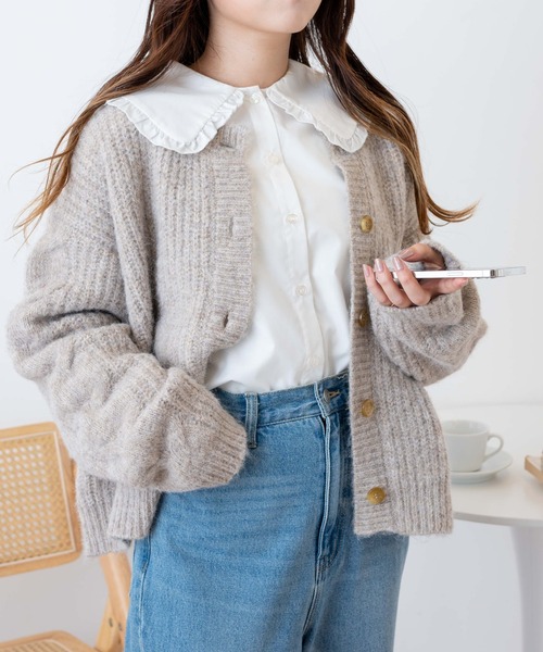 WEGO（ウィゴー）の「WEGO/パッチポケットケーブルカーディガン（カーディガン/ボレロ・レディース・ベージュ/アイボリー/ピンク・FREE）」の3枚目の写真