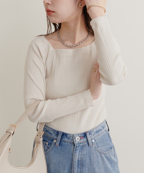 natural couture（ナチュラルクチュール）の「スクエアネックランダムテレコT（Tシャツ/カットソー・レディース・アイボリー/ブラウン/スミクロ・FREE）」の7枚目の写真