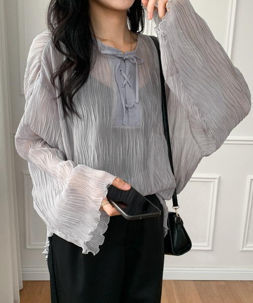 ECLIN（エクラン）の「２WAY　レースアップシアーチュニックブラウス（シャツ/ブラウス・レディース・ホワイト/ブラック/グレー・FREE）」の3枚目の写真