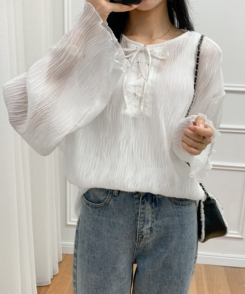 ECLIN（エクラン）の「２WAY　レースアップシアーチュニックブラウス（シャツ/ブラウス・レディース・ホワイト/ブラック/グレー・FREE）」の2枚目の写真