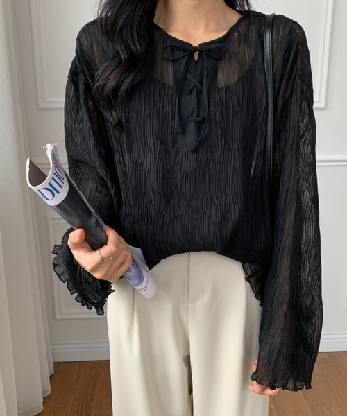 ECLIN（エクラン）の「２WAY　レースアップシアーチュニックブラウス（シャツ/ブラウス・レディース・ホワイト/ブラック/グレー・FREE）」の8枚目の写真