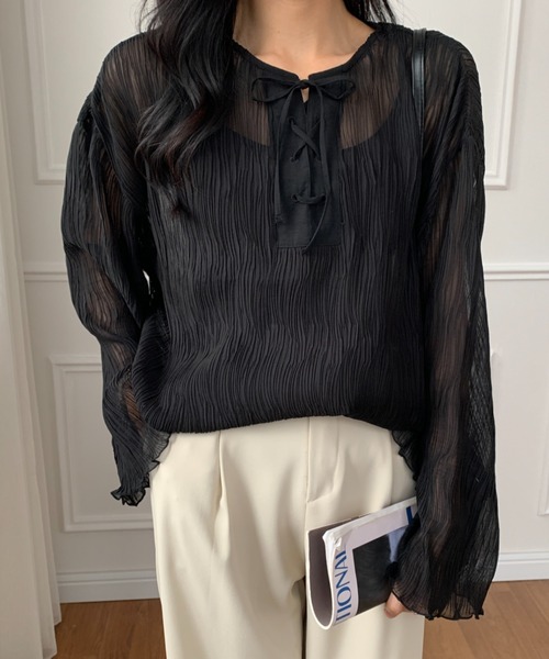 ECLIN（エクラン）の「２WAY　レースアップシアーチュニックブラウス（シャツ/ブラウス・レディース・ホワイト/ブラック/グレー・FREE）」の10枚目の写真