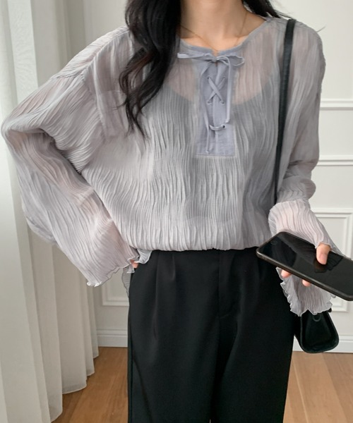 ECLIN（エクラン）の「２WAY　レースアップシアーチュニックブラウス（シャツ/ブラウス・レディース・ホワイト/ブラック/グレー・FREE）」の19枚目の写真