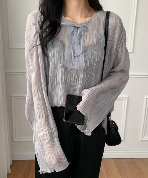 ECLIN（エクラン）の「２WAY　レースアップシアーチュニックブラウス（シャツ/ブラウス・レディース・ホワイト/ブラック/グレー・FREE）」の4枚目の写真