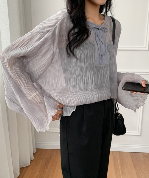 ECLIN（エクラン）の「２WAY　レースアップシアーチュニックブラウス（シャツ/ブラウス・レディース・ホワイト/ブラック/グレー・FREE）」の5枚目の写真