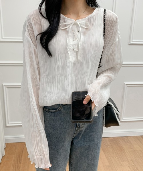 ECLIN（エクラン）の「２WAY　レースアップシアーチュニックブラウス（シャツ/ブラウス・レディース・ホワイト/ブラック/グレー・FREE）」の12枚目の写真