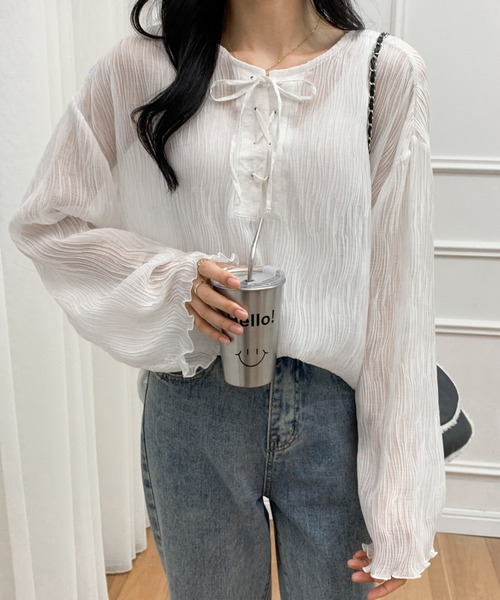 ECLIN（エクラン）の「２WAY　レースアップシアーチュニックブラウス（シャツ/ブラウス・レディース・ホワイト/ブラック/グレー・FREE）」の16枚目の写真