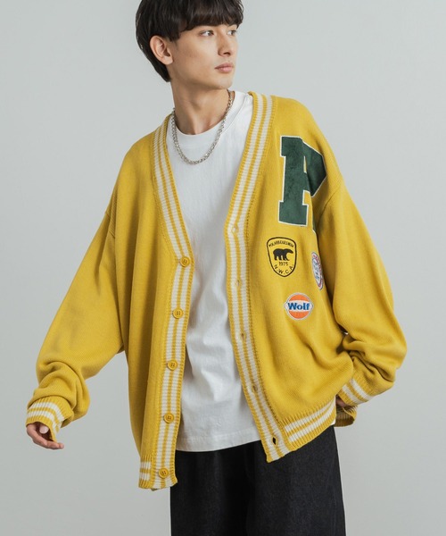 Rocky Monroe（ロッキーモンロー）の「オーバーサイズ ヴィンテージカレッジロゴ風 ワッペン刺繍ニットカーディガン（カーディガン/ボレロ・メンズ・グレー/イエロー/グリーン/ネイビー・M/L）」の4枚目の写真