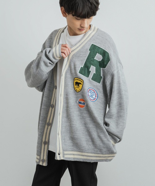 Rocky Monroe（ロッキーモンロー）の「オーバーサイズ ヴィンテージカレッジロゴ風 ワッペン刺繍ニットカーディガン（カーディガン/ボレロ・メンズ・グレー/イエロー/グリーン/ネイビー・M/L）」の6枚目の写真