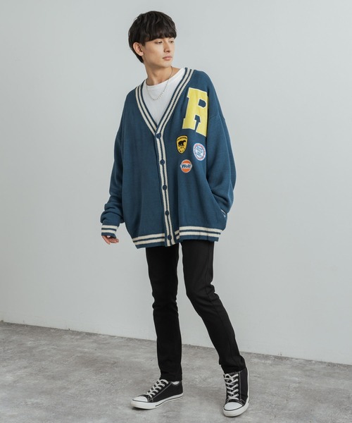 Rocky Monroe（ロッキーモンロー）の「オーバーサイズ ヴィンテージカレッジロゴ風 ワッペン刺繍ニットカーディガン（カーディガン/ボレロ・メンズ・グレー/イエロー/グリーン/ネイビー・M/L）」の15枚目の写真