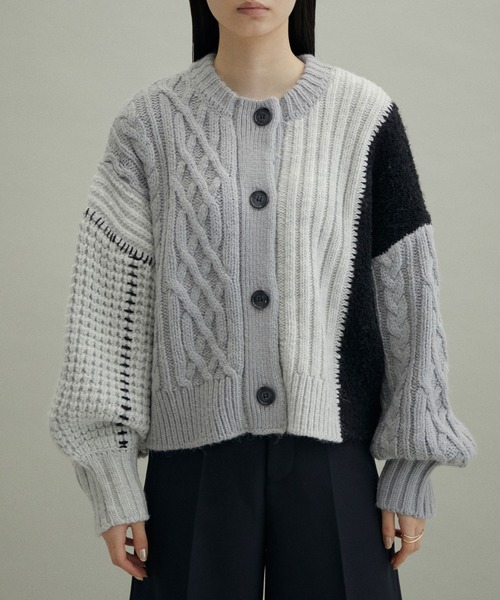 美品 アダムエロペ ウール混 パッチワーク ニット カーディガン ケーブル I ADAM ET ROPE'（アダムエロペ）の「【WEB限定・2WAY】パッチワーク