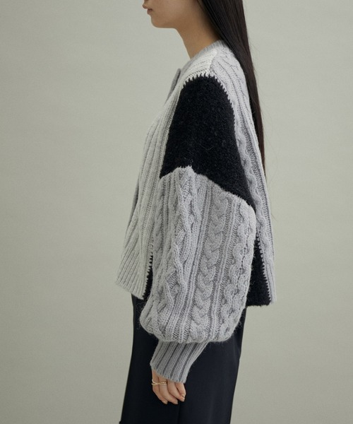 美品 アダムエロペ ウール混 パッチワーク ニット カーディガン ケーブル I ADAM ET ROPE'（アダムエロペ）の「【WEB限定・2WAY】パッチワーク