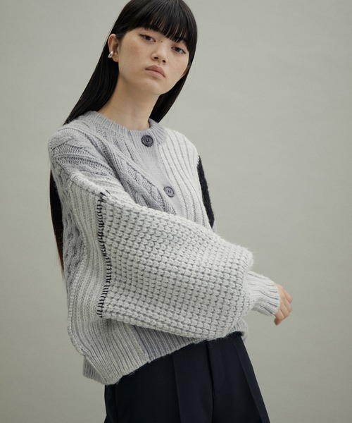 美品 アダムエロペ ウール混 パッチワーク ニット カーディガン ケーブル I ADAM ET ROPE'（アダムエロペ）の「【WEB限定・2WAY】パッチワーク