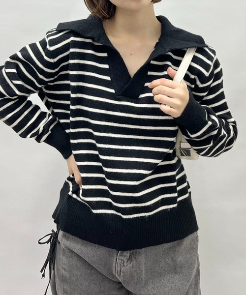mebole(メボレ)の「スキッパーボーダーニット(ニット/セーター・レディース・アイボリー/ブラック・FREE)」の2枚目の写真