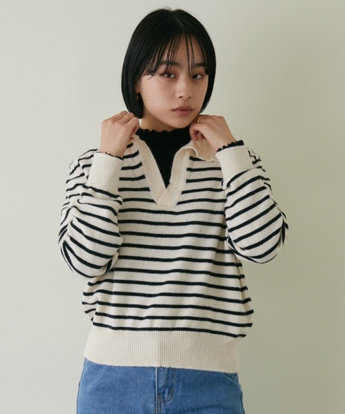 mebole(メボレ)の「スキッパーボーダーニット(ニット/セーター・レディース・アイボリー/ブラック・FREE)」の3枚目の写真