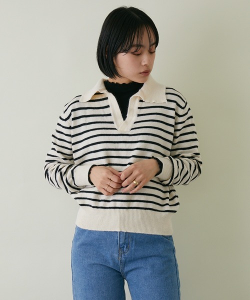 mebole(メボレ)の「スキッパーボーダーニット(ニット/セーター・レディース・アイボリー/ブラック・FREE)」の4枚目の写真
