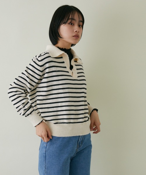 mebole(メボレ)の「スキッパーボーダーニット(ニット/セーター・レディース・アイボリー/ブラック・FREE)」の5枚目の写真