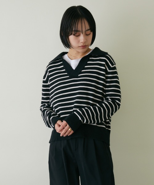 mebole(メボレ)の「スキッパーボーダーニット(ニット/セーター・レディース・アイボリー/ブラック・FREE)」の14枚目の写真