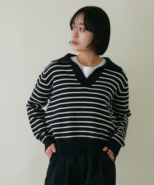 mebole(メボレ)の「スキッパーボーダーニット(ニット/セーター・レディース・アイボリー/ブラック・FREE)」の15枚目の写真