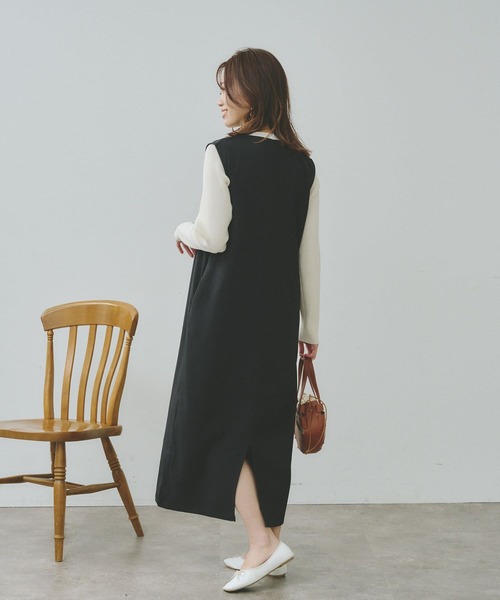 Chez toi（シェトワ）の「長袖シャリニットプルオーバー×Vネックワンピース（ワンピース・レディース・ブラック/ベージュ/インディゴブルー/アイボリー・FREE）」の12枚目の写真