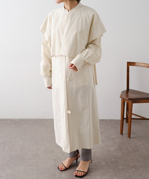 Omekashi(オメカシ)の「レイヤードシャツコート(ノーカラーコート・レディース・ベージュ/イエロー・FREE)」の3枚目の写真