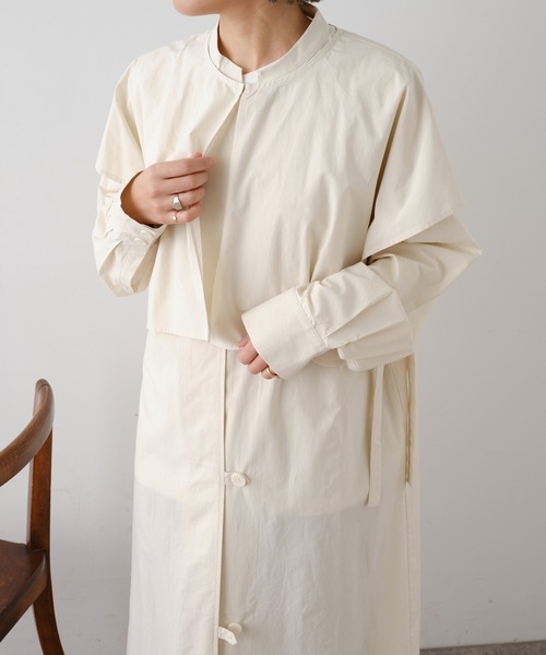 Omekashi(オメカシ)の「レイヤードシャツコート(ノーカラーコート・レディース・ベージュ/イエロー・FREE)」の13枚目の写真