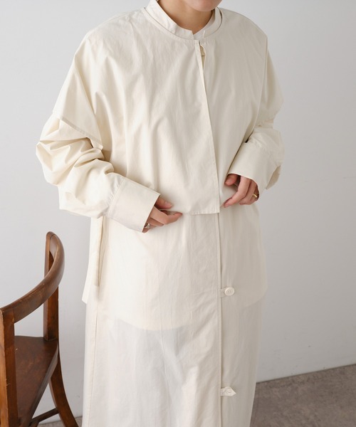 Omekashi(オメカシ)の「レイヤードシャツコート(ノーカラーコート・レディース・ベージュ/イエロー・FREE)」の18枚目の写真