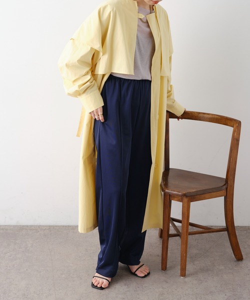 Omekashi(オメカシ)の「レイヤードシャツコート(ノーカラーコート・レディース・ベージュ/イエロー・FREE)」の16枚目の写真