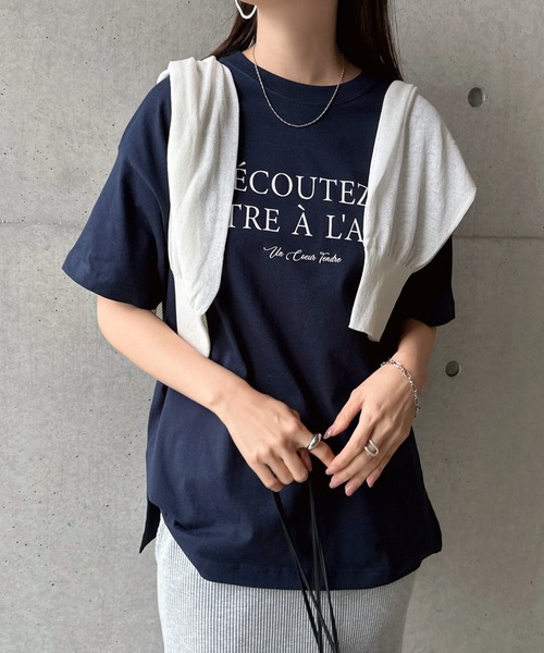 andme（アンドミー）の「フレンチロゴプリント半袖Tシャツ（Tシャツ/カットソー・レディース・ホワイト×ブラウン/ホワイト×ブルー/チャコールグレー/ホワイト×グレー/ベージュ/ネイビー・M/S）」の13枚目の写真