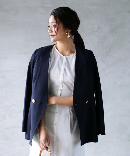 WHITE JOOLA（ホワイトジョーラ）の「【手洗いできる♪】WEB限定！ダブルデザイン・綿ジャケット（ギンガムチェック＆無地）（ノーカラージャケット・レディース・チェック/ネイビー/オフホワイト・S/M/L）」の3枚目の写真