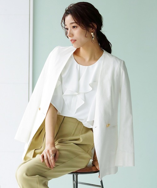 WHITE JOOLA（ホワイトジョーラ）の「【手洗いできる♪】WEB限定！ダブルデザイン・綿ジャケット（ギンガムチェック＆無地）（ノーカラージャケット・レディース・チェック/ネイビー/オフホワイト・S/M/L）」の2枚目の写真